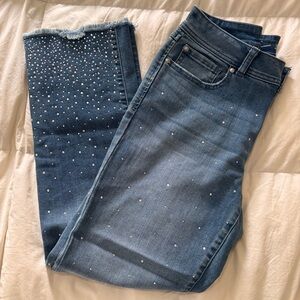 Frayed Rhinestone Straight Leg Denim Jeans Size 8 INC International